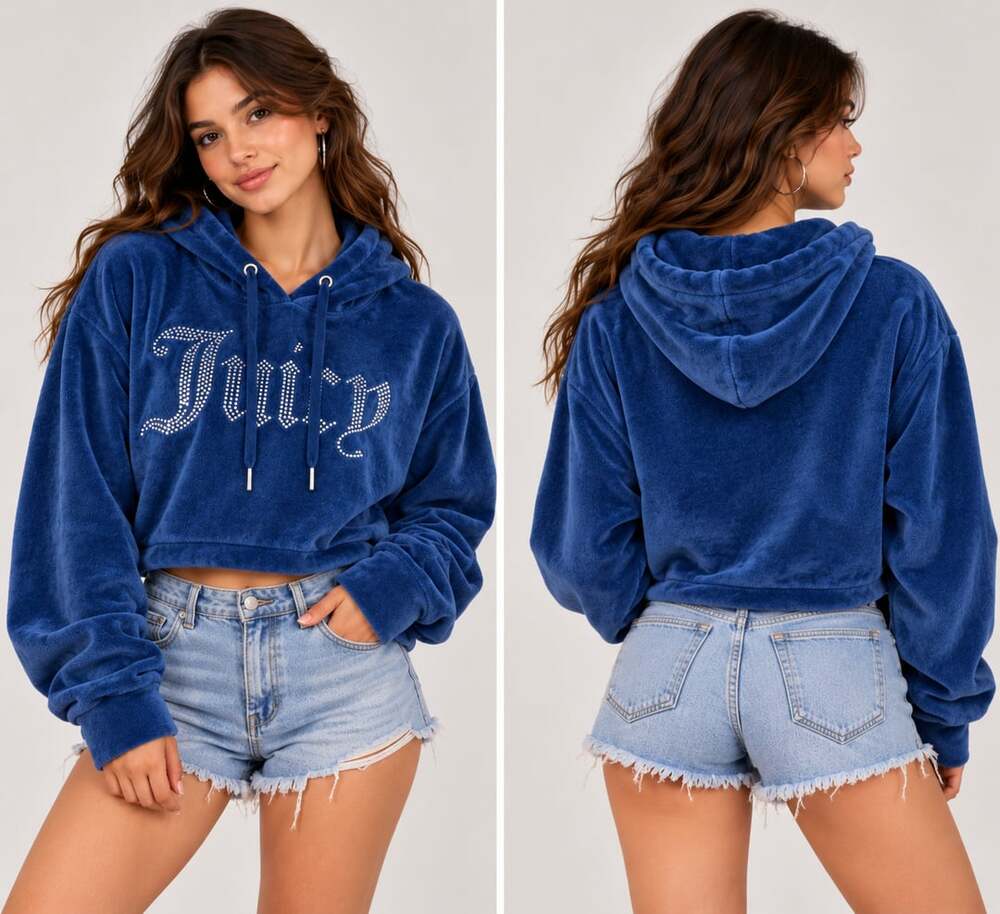 Juicy Couture Blue Velour Hoodie Size L Rhinestone Logo